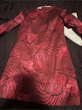 Stella McCartney Burgundy Red Floral Jacquard Long Sleeve Dress